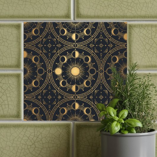 Gold Celestial Sun Moon Phases Geometric Pattern タイル