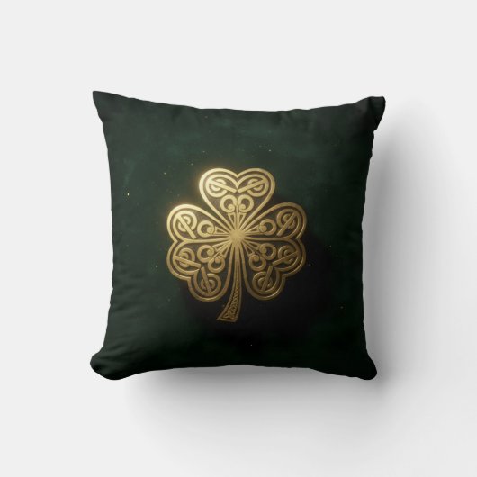 Gold Celtic Knot Shamrock Green Velvet Pillow クッション (正面)