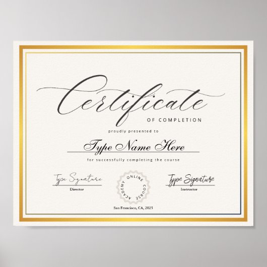 Gold Certificate of completion, award diploma ポスター (正面)