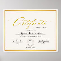 Gold Certificate of completion, award diploma