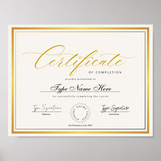 Gold Certificate of completion, award diploma ポスター (正面)