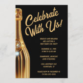 Gold Champagne Bottle on Black New Year's Eve  招待状 (正面)