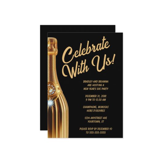 Gold Champagne Bottle on Black New Year's Eve  招待状 (正面/裏面インサイチュ)