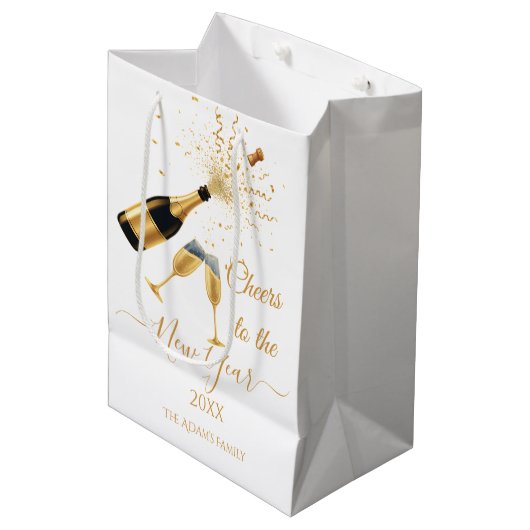  Gold Champagne Cheers New Year ミディアムペーパーバッグ (正面アングル)