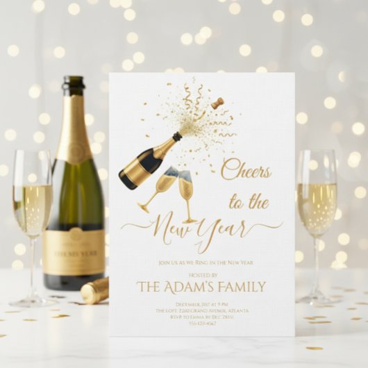  Gold Champagne Cheers New Year Party Invitation シーズンカード