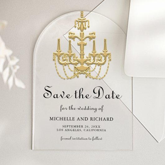 Gold Chandelier Wedding Save the Date アクリル招待状