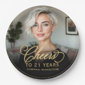Gold Cheers to 21 Years Custom Photo Birthday ペーパープレート (正面)