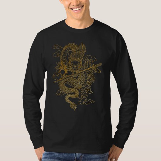 Gold Chinese Dragon with Black Background Tシャツ (正面)