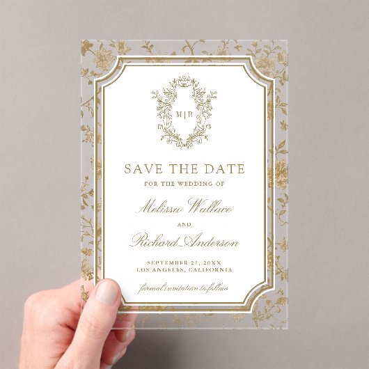 Gold Chinoiserie Crest Wedding Save the Date アクリル招待状 (インサイチュ (ポータブル))