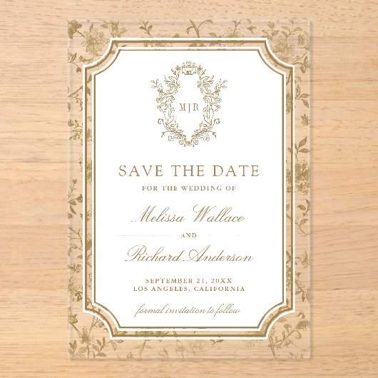 Gold Chinoiserie Crest Wedding Save the Date アクリル招待状 (正面)