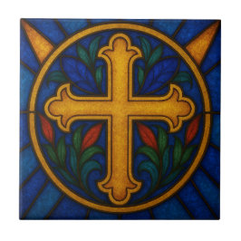 Gold Christian Cross Stained Glass Ceramic Tile タイル
