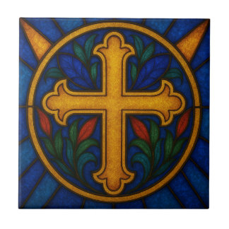 Gold Christian Cross Stained Glass Ceramic Tile タイル