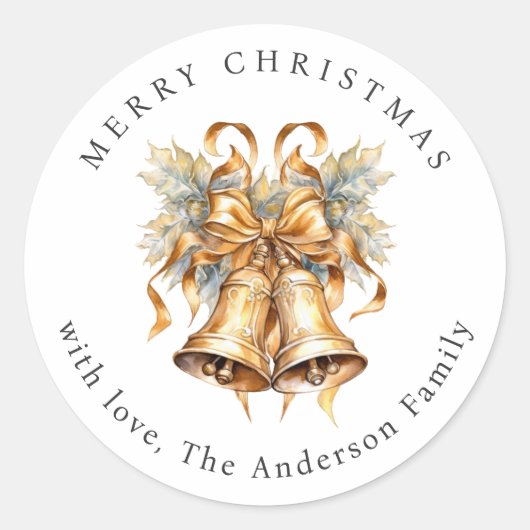 Gold Christmas Bells Ribbon Greenery Holiday ラウンドシール (正面)