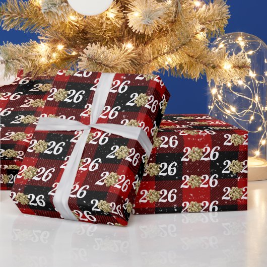 Gold Christmas Bow On Plaid 2026 ラッピングペーパー (クリスマス)