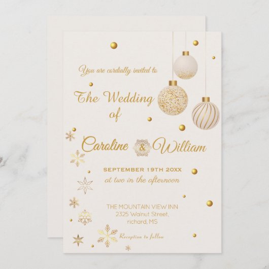 Gold Christmas Ornament  wedding Invitation 招待状 (正面/裏面)