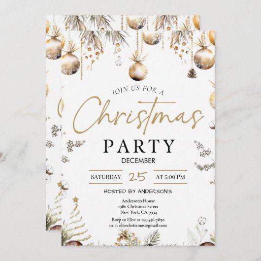 Gold Christmas Party Invitation | Editable Friends 招待状 (正面/裏面)
