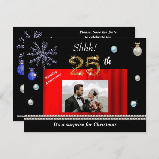 Gold Christmas Surprise 25th Wedding Anniversary 招待状 (正面/裏面)