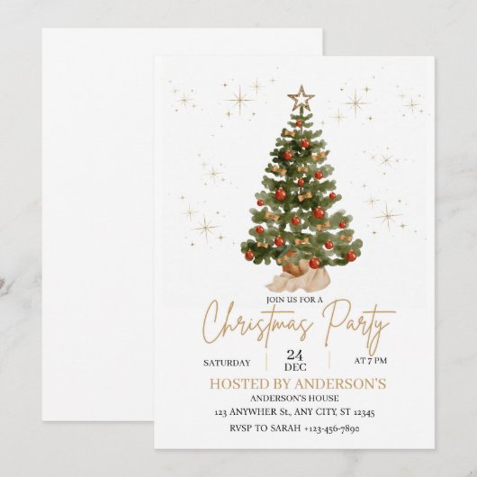   gold christmas tree party invite  招待状 (正面/裏面)
