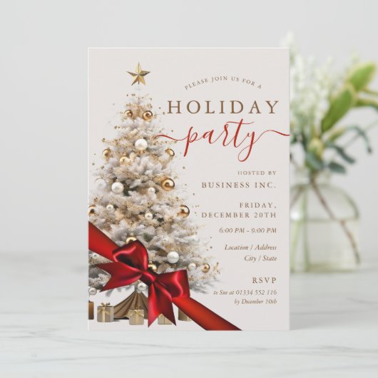 Gold Christmas Tree Red Bow Corporate Holiday 招待状 (スタンド正面)
