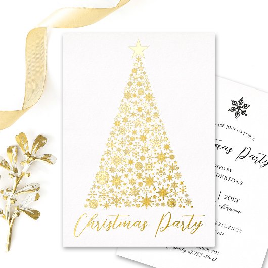 Gold Christmas tree snowflakes party invite real 箔招待状