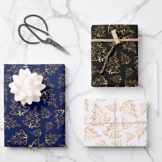 Gold Christmas Trees on Navy Blue, Black, White ラッピングペーパーシート (正面)