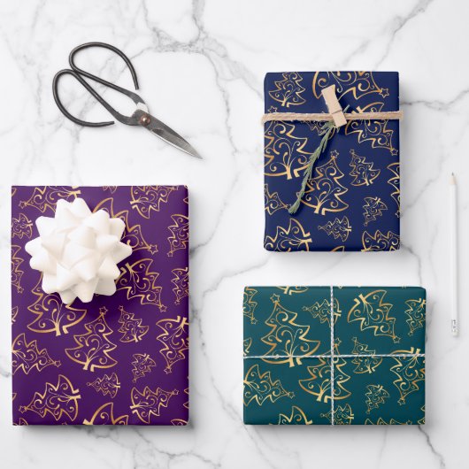 Gold Christmas Trees on Purple, Navy Blue, Teal ラッピングペーパーシート (正面)