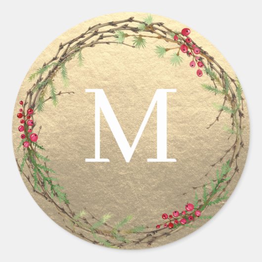 Gold Christmas Wreath Monogram Seal ラウンドシール (正面)