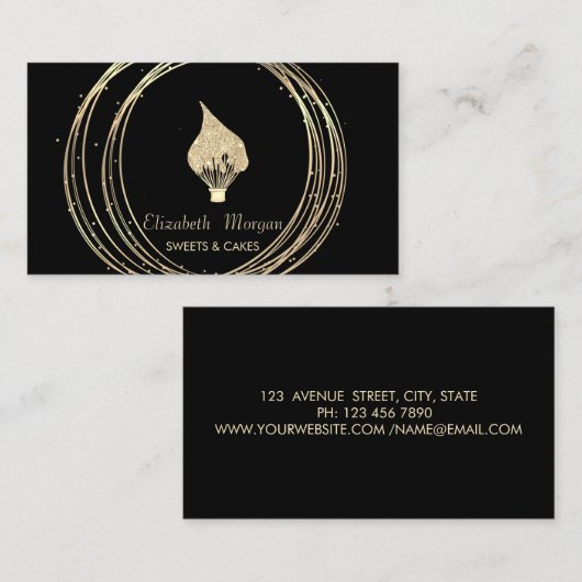 Gold Circles Glitter Whisk Black 名刺 (正面/裏面)