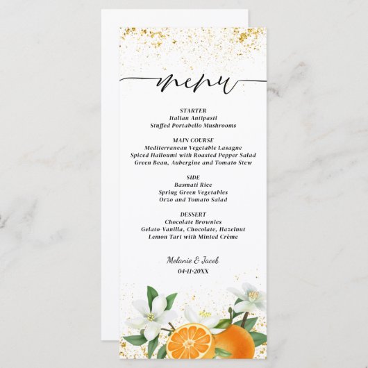 Gold Citrus Orange Script Floral Wedding メニュー (正面/裏面)