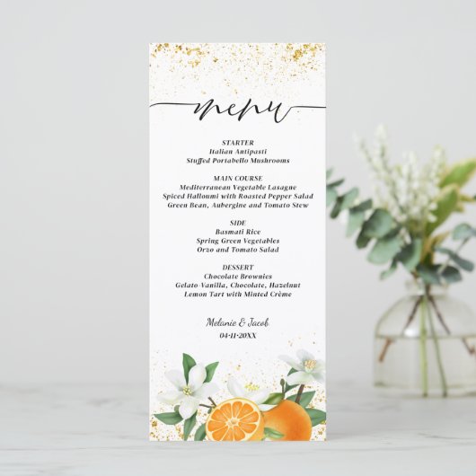 Gold Citrus Orange Script Floral Wedding メニュー (スタンド正面)