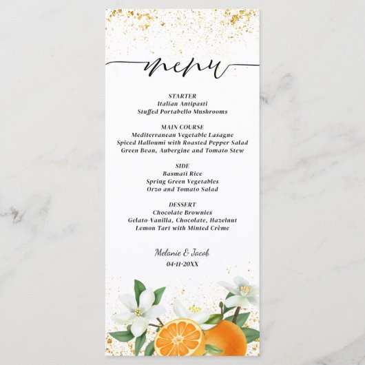 Gold Citrus Orange Script Floral Wedding メニュー (正面)