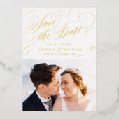 Gold classic calligraphy vintage save the date 箔招待状 (正面)