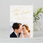 Gold classic calligraphy vintage save the date 箔招待状 (立ち正面)