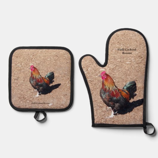Gold Cockerel Rooster Oven Mitt and pot holders 鍋つかみ&鍋敷きセット (正面)