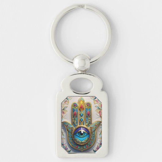 Gold Colorful Filigree Blue-Green Third Eye Hamsa キーホルダー (正面)