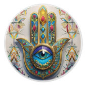 Gold Colorful Filigree Blue-Green Third Eye Hamsa セラミックノブ (正面)