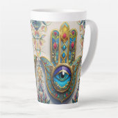 Gold Colorful Filigree Hamsa Blue-Green Third Eye カフェラテマグ (右アングル)
