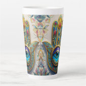 Gold Colorful Filigree Hamsa Blue-Green Third Eye カフェラテマグ (正面)