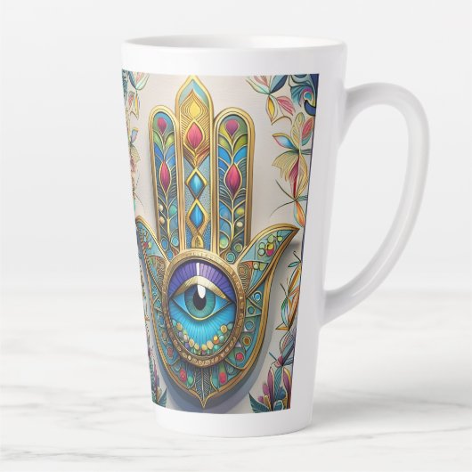 Gold Colorful Filigree Hamsa Blue-Green Third Eye カフェラテマグ (右)
