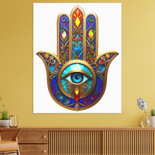 Gold Colorful Hamsa Turquoise Sapphire Third Eye  キャンバスプリント (インサイチュ (リビング))