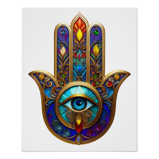 Gold Colorful Hamsa Turquoise Sapphire Third Eye ポスター (正面)