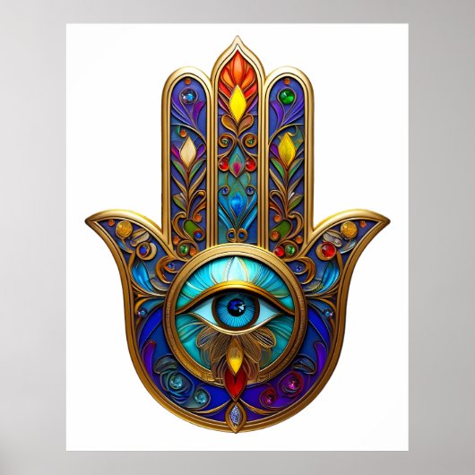 Gold Colorful Hamsa Turquoise Sapphire Third Eye  ポスター (正面)
