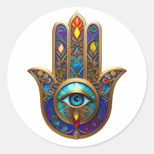 Gold Colorful Hamsa Turquoise Sapphire Third Eye ラウンドシール (正面)