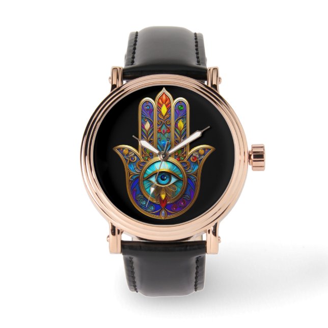 Gold Colorful Hamsa Turquoise Sapphire Third Eye  腕時計 (正面)