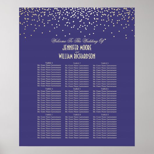 Gold Confetti Dots Navy Wedding Seating Chart ポスター (正面)
