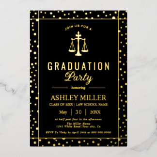 Gold confetti law school graduation Class Of 2026 箔招待状