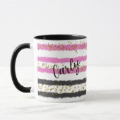 Gold Confetti Pink Black Stripes Name マグカップ (左)