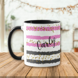 Gold Confetti Pink Black Stripes Name マグカップ