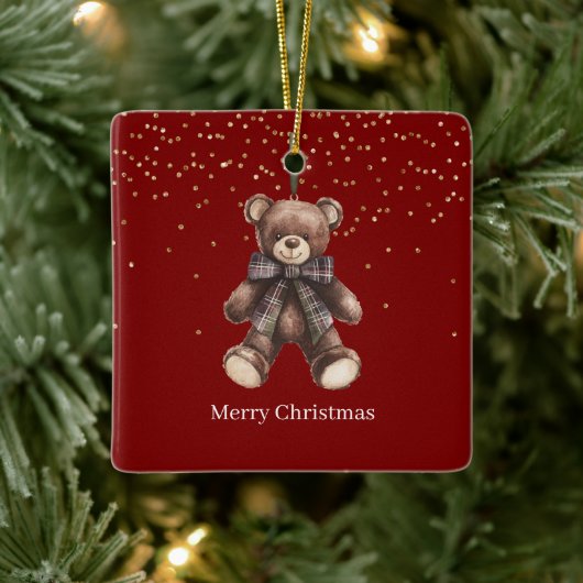 Gold Confetti Red Teddy Bear Christmas セラミックオーナメント (ツリー)