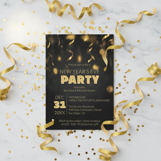 Gold Confetti Streamers Black New Year's Eve Party 招待状